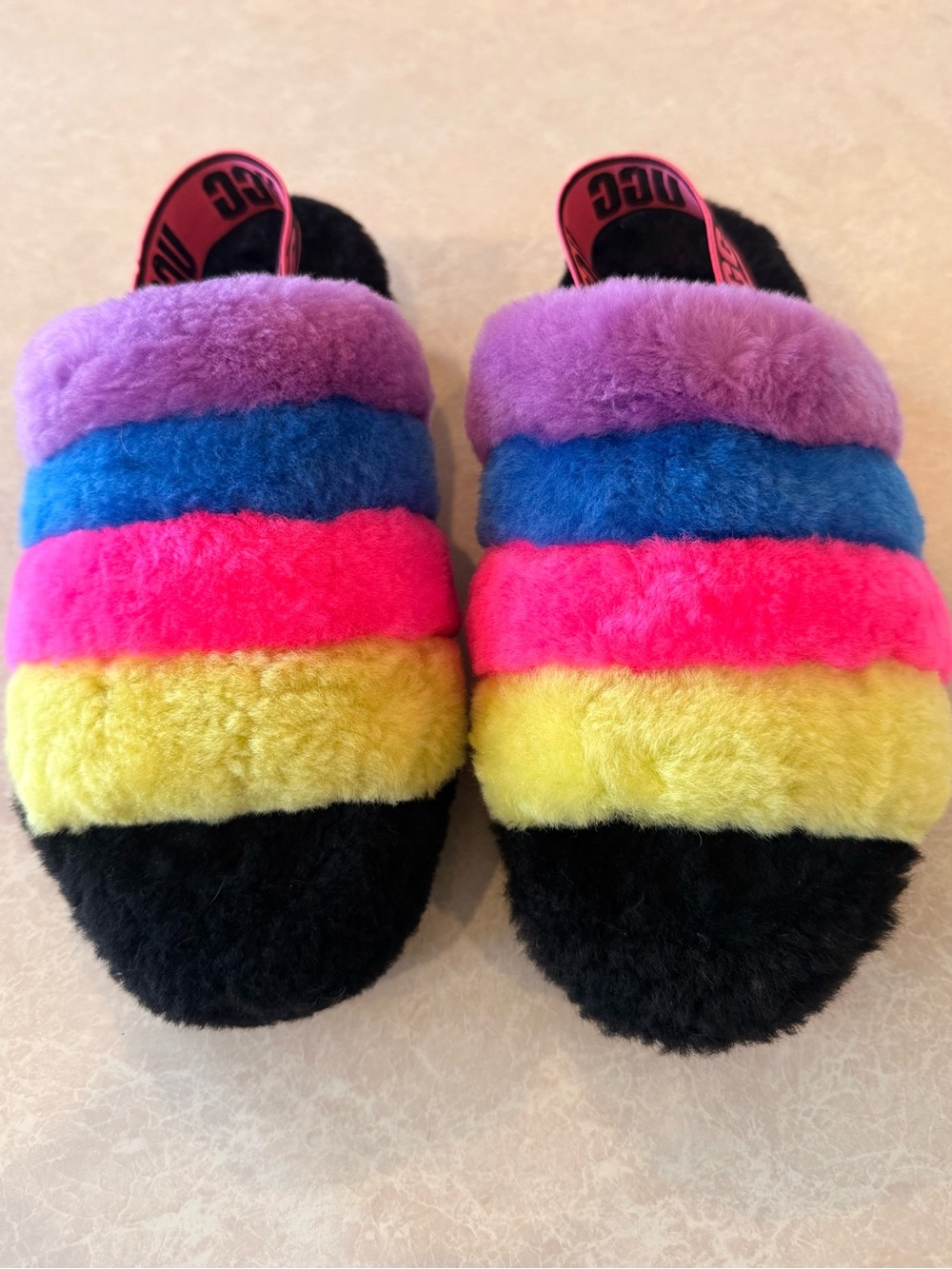 UGG Rainbow Fuzzy Slide Slippers with Purple, Blue, Pink, Yellow & Black